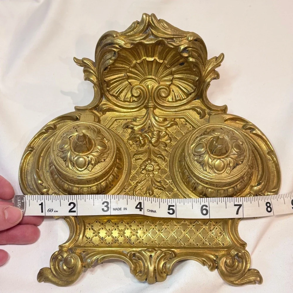 Brass Double Inkwell Antique Rococo Ornate French Art‎ Nouveau Academia Depose